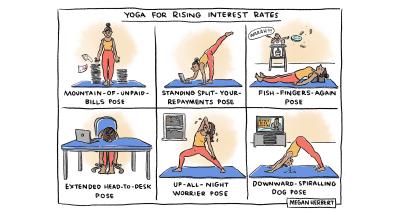 Cartoon called Yoga for Rising Interest Rates by Megan Herbert