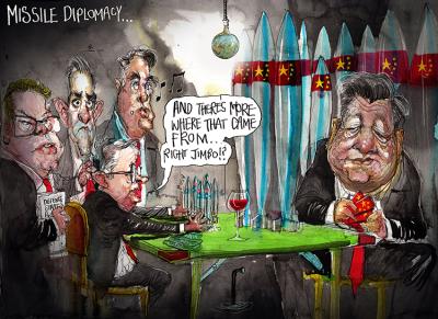 Across a table from President Xi, flanked with a wall of large missiles, four men sit with a handful of small missiles, and one of them, Anthony Albanese, says 'And there's more where that came from... right Jimbo?'