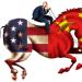 A cartoon of a man riding a horse coloured with the US and Chinese flags.