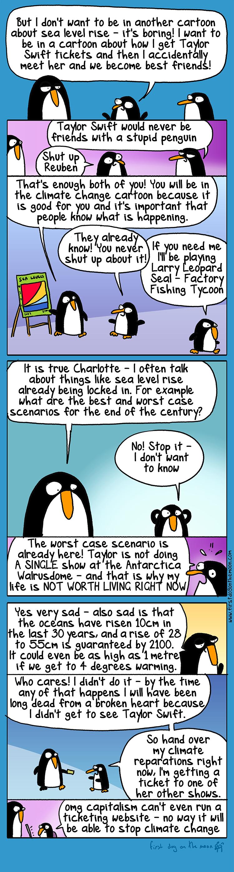 Three penguins argue about whether climate change is more important than getting Taylor Swift tickets.