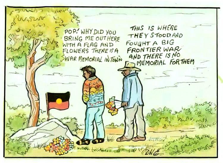 A boy and his grandfather stand in front of a rock and tree, the boy asks, 'Pop! Why did you bring me out here with a flag and flowers? There is a war memorial in town,' and the man replies, 'This is where they stood and fought a big frontier war and there is no memorial for them.'