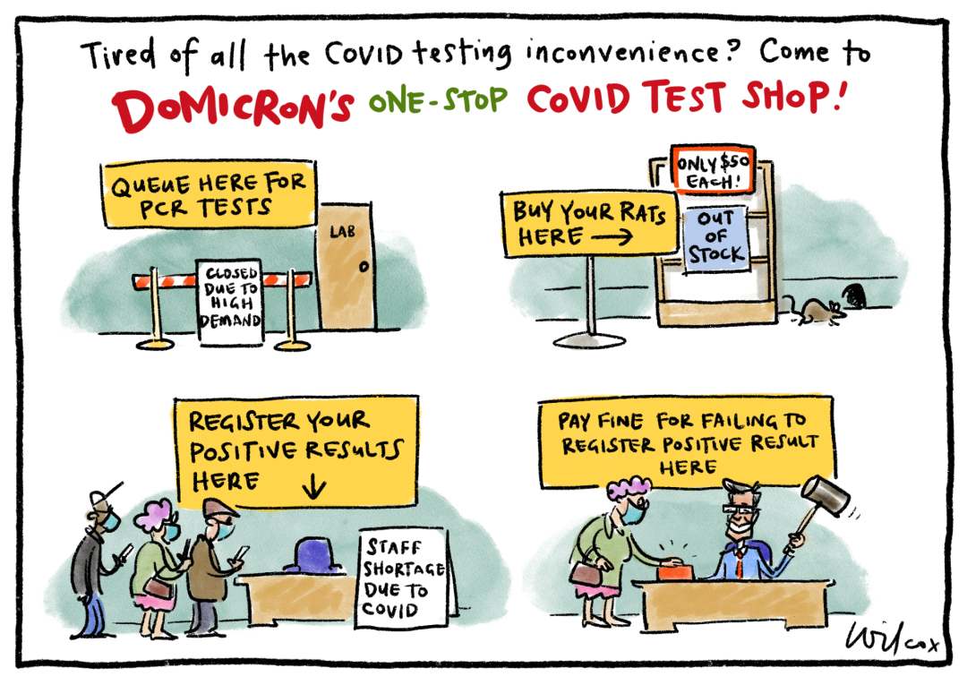 Cartoon called Domicron's Test Shop