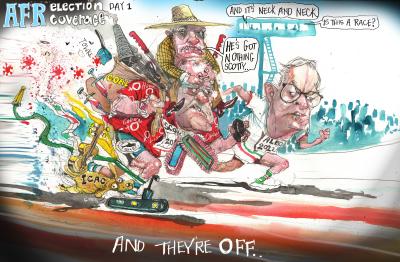 Cartoon titled And They're Off by David Rowe