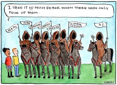 Two people look up at a group of cloaked horsemen and one says 'I liked it so much better when there were only four of them...'.