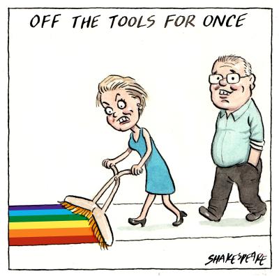Cartoon called Katherine Deves Gets 'on the Tools' for Scomo by John Shakespeare