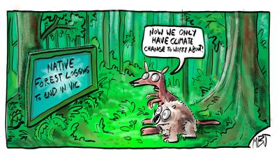 Two animals look at a sign in the forest that reads 'Native forest logging to end in Vic', and one says 'Now we only have climate change to worry about!'
