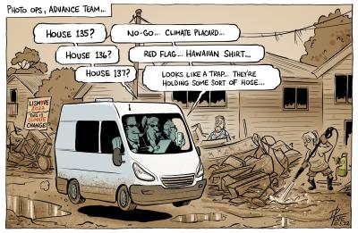 Cartoon called Lismore Flood, Photo Ops Advance Team by David Pope