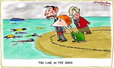 Cartoon called The Line in the Sand by Peter Nicholson
