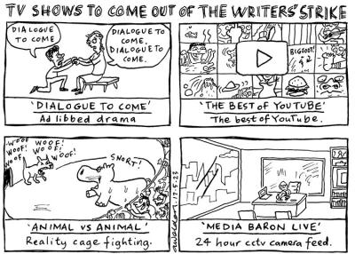 Four panels: two people only saying the phrase 'dialogue to come'; a collage of the Best of YouTube; two animals fighting in an arena; and a man sitting at a desk entitled 'Media Baron Live'.