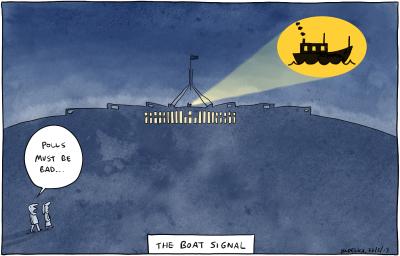 Cartoon called Boat Signal by Jon Kudelka