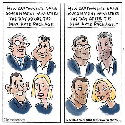 Two panels: the first with four caricatures of politicians and the second with much more flattering caricatures, showing how cartoonists draw government ministers the day before and the day after the new arts package.