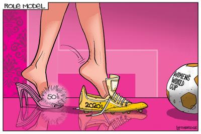 A pair of legs, one foot stepping out of a pair of pink high-heel shoes marked '50s' and stepping into a yellow football boot marked '2020s', in front of a football.