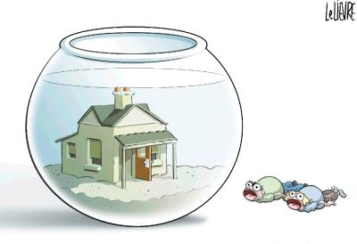 A house sits underwater in a fishbowl, and two people lie outside the bowl gasping for breath.