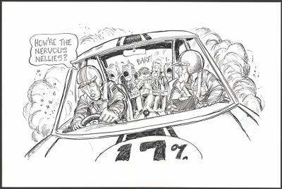 Paul Keating drives a racecar with 17% on the bonnet, and asks 'How're the nervous nellies?' referring to the 'back benchers' looking distressed on the back seat.