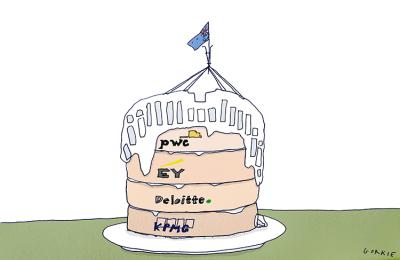 A cake with four layers entitled PwC, EY, Deloitte and KPMG, with icing in the shape of Australian Parliament House.