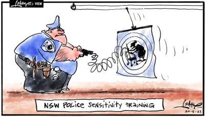 Entitled 'NSW Police sensitivity training', a police officer fires a taser at a moving target image of an elderly woman silhouette.