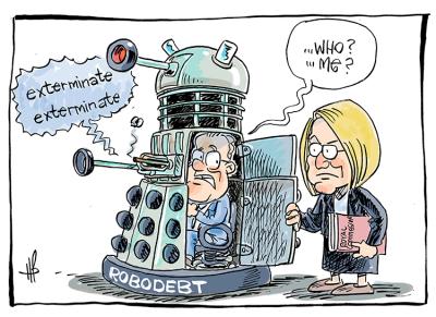 A man driving a robot labelled 'robodebt', is discovered by a woman holding a book with the words 'Royal Commission'.