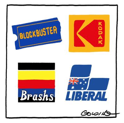 Four colourful logos: Blockbuster, Kodak, Brashs and Liberal.