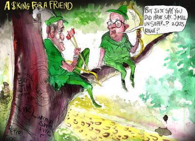 Two men sitting in a tree, wearing green, one asks 'But just say you did have, say, 3 mill in super..? 2025 right?'