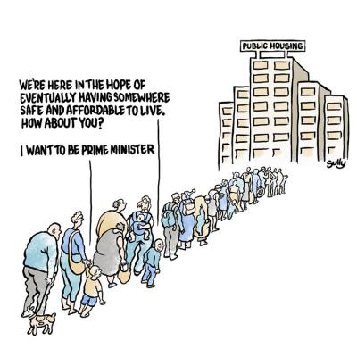 In a long queue of people walking toward a public housing block, one child says, 'We're here in the hope of eventually having somewhere safe and affordable to live. How about you?' and another replies 'I want to be prime minister.'