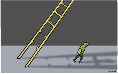 A person wearing a hooded top walks under a ladder with the bottom two rungs missing.