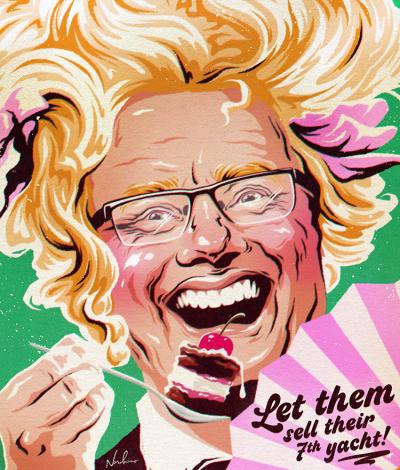 A man with wildly flowing long blonde hair, glasses and an extravagant smile holds a spoon with a piece of cake on it.