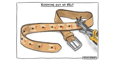 A tool is punching holes into a belt, each hole labeled with a rising cost of living.