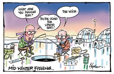Two men are fishing at an ice hole, Anthony Albanese says that he is fishing for the Voice, and Peter Dutton says 'You're using the wrong bait!'