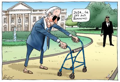 Joe Biden stands in front of The Whitehouse, holding himself up with a walking frame.