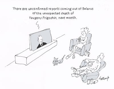 A couple watch the tv, with a newsreader saying 'There are unconfirmed reports coming out of Belarus of the unexpected death of Yevgeny Prigozhin, next month.'
