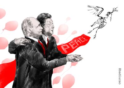 In the style of political propaganda posters, Presidents Putin and Xi launch a bird skeleton into the sky with the word 'PEACE' trailing in a red banner.