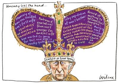 Entitled 'Uneasy lies the head...' King Charles wears a large purple crown, within which are contained a list of uncomfortable truths about his past and the British monarchy..