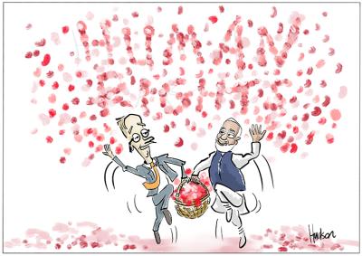 Two men skip together holding a basket of red spots, which are scattered in the air to spell the words 'human rights'.