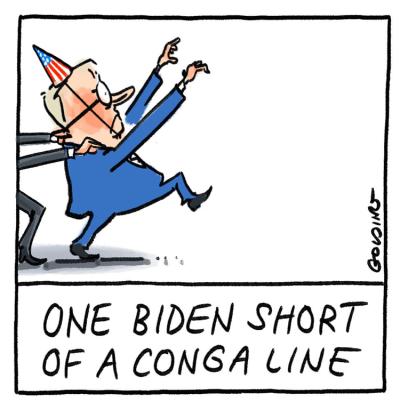 Entitled, 'One Biden short of a conga line,' Anthony Albanese wears a red white and blue party hat, somebody's hands on his shoulders, and his arms reaching forward.