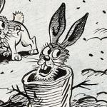 Cartoon excerpt showing a rabbit's head emerging from a tree trunk.